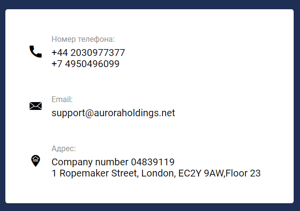 Контакты брокера Aurora Holdings Limited
